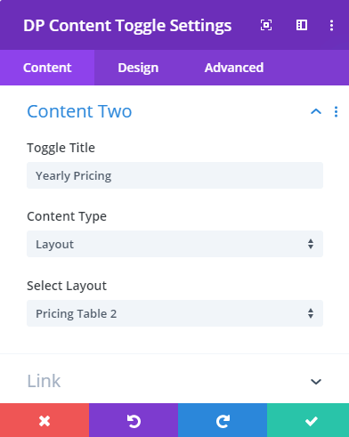 Divi plus content toggle module setting