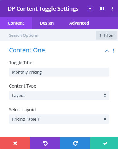 Divi plus content toggle settings