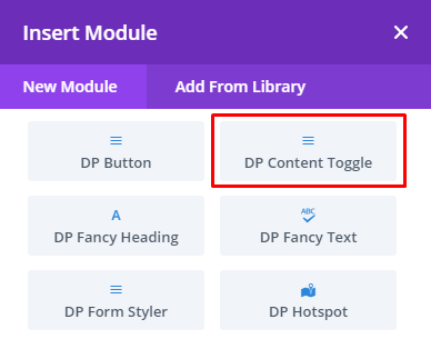 Insert divi plus content toggle module